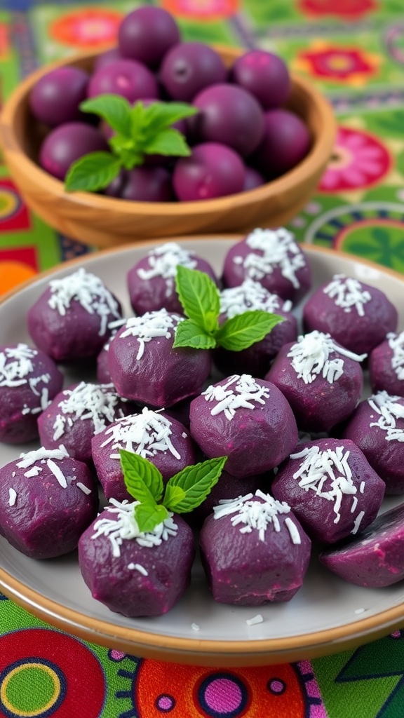 Delicious purple yam snacks shaped into balls, topped with grated coconut, on a colorful tablecloth.